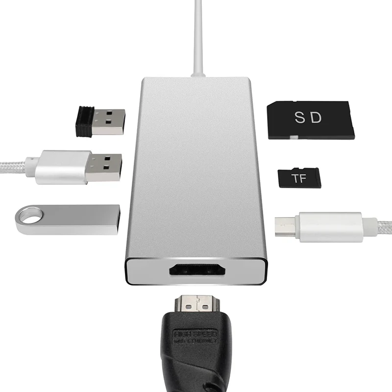 Type-C usb-хаб 3,0 HDMI 7 портов 10 Гбит/с кардридер адаптер USB TF sd-карта портативный для USB-C интерфейс для Apple для microsoft