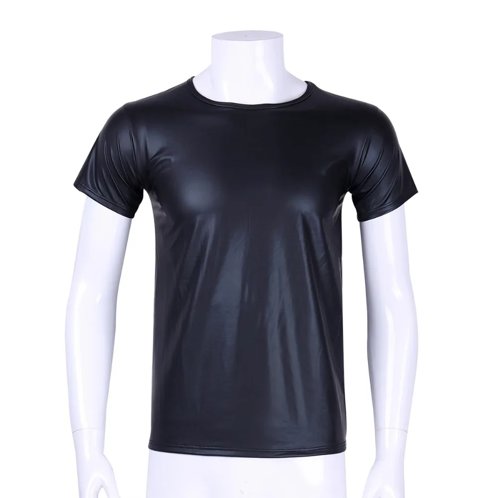 

mens sexy faux leather t shirts Male fashion Men black nylon Tees tight shirts Gay Funny Undershirts Dancewear corset clothing