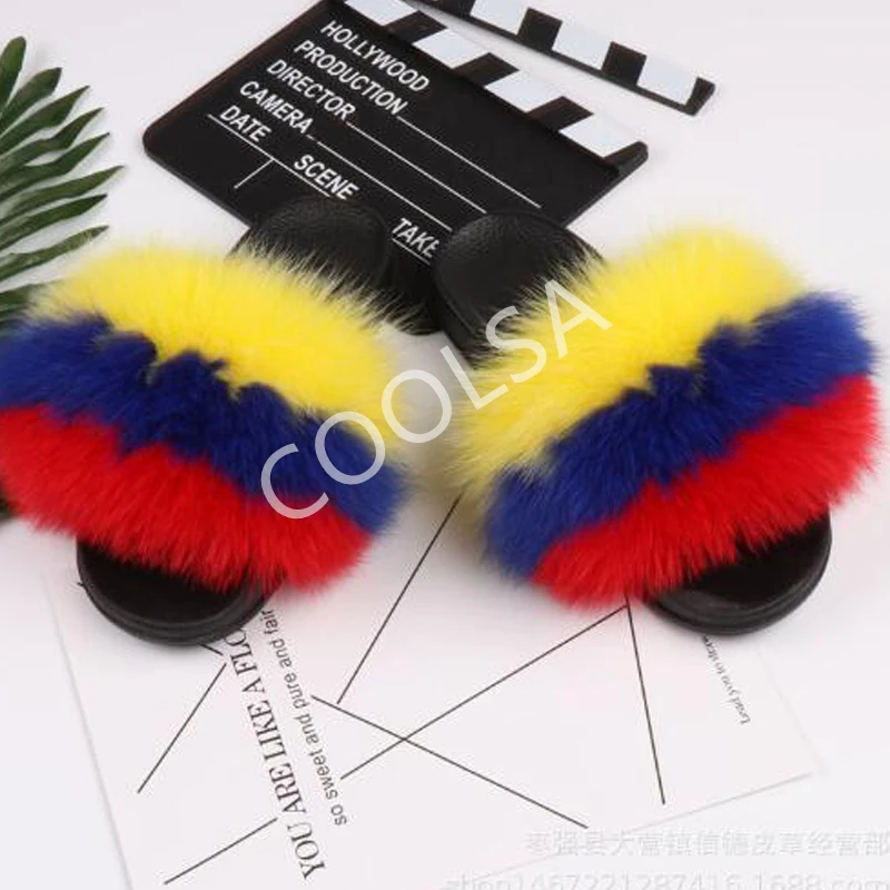 Women's Summer Fur Slippers Indoor Warm Fluffy Plush Home Shoes Woman Real Fox Hair Fur Slides Furry Sandals Female Flip Flops