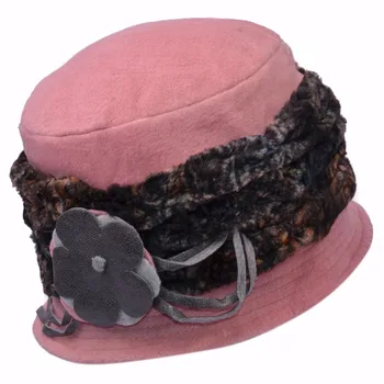 

Ladies Wool Faux Fur Winter Cloche Hat with PU Flower W10-1511