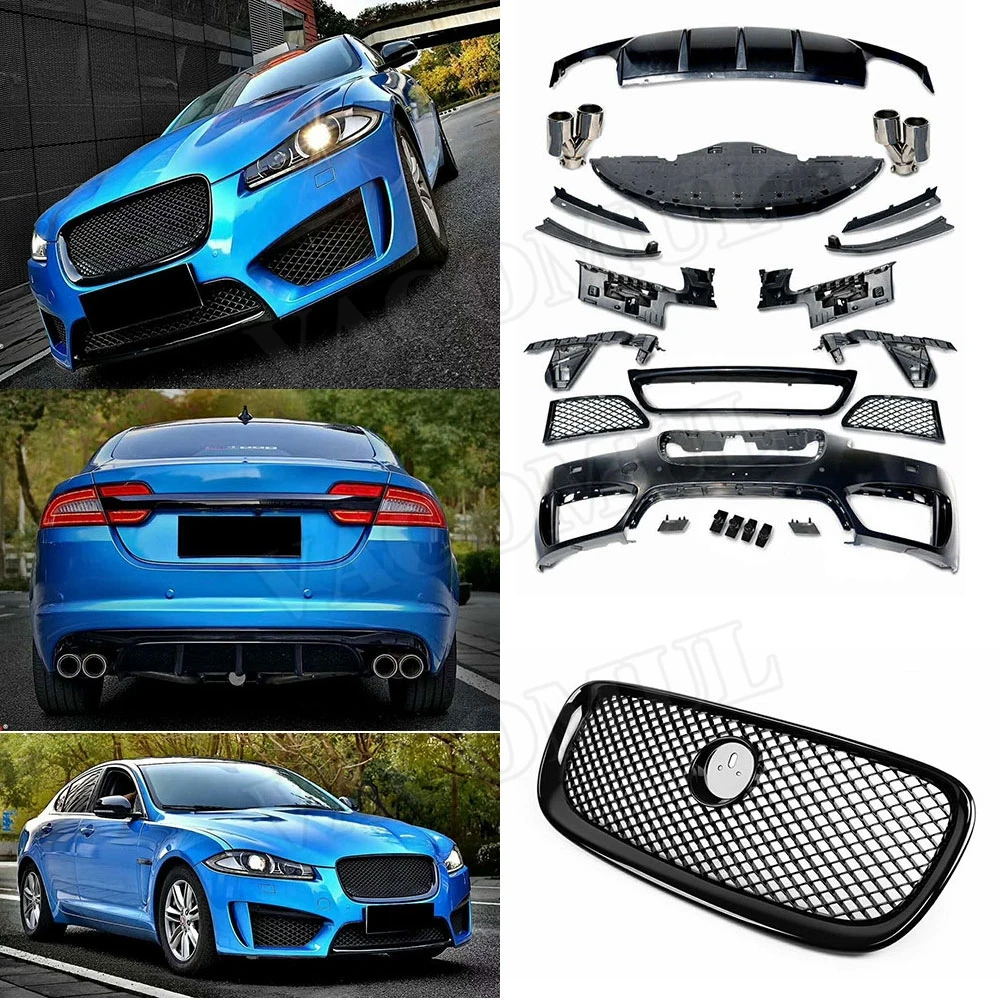

PP Black Body Kits Front Bumper Grills Rear Bumper Diffuser With Exhaust Tips for Jaguar XF Sedan 4 Door 2011-2015 to R Style