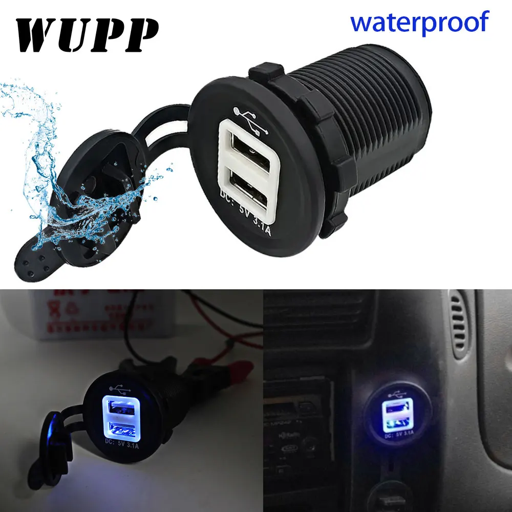 

WUPP 5V Dual USB Charger Motorcycle Moto Blue Light 3.1A Cigarette Lighter Adapter Socket for Phone/GPS Power