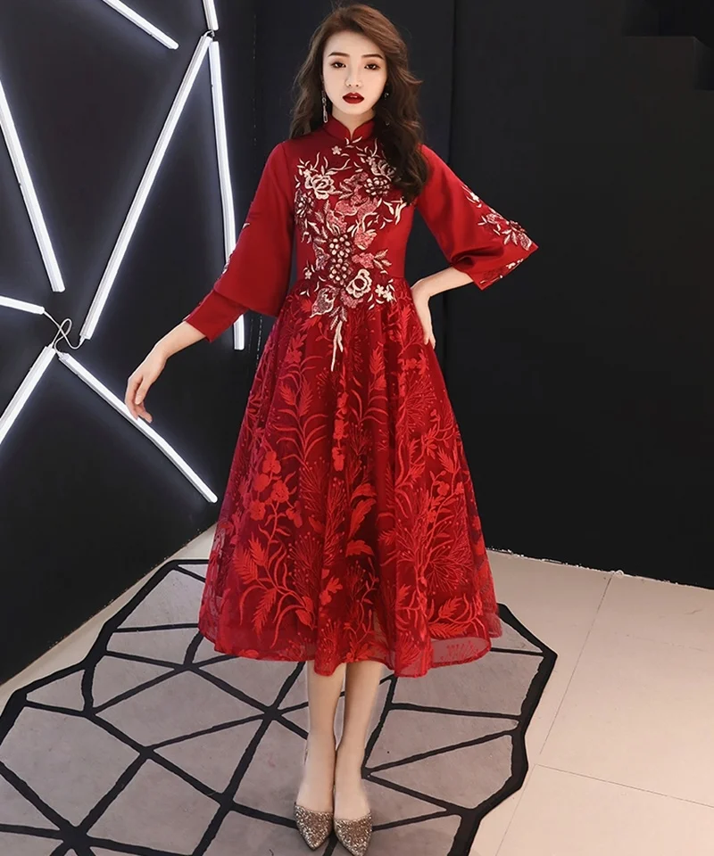 Платье подружки невесты красный китайский стиль банкет Vestido кружевной халат с рукавами Soiree вышивка традиционное китайское свадебное платье TS965