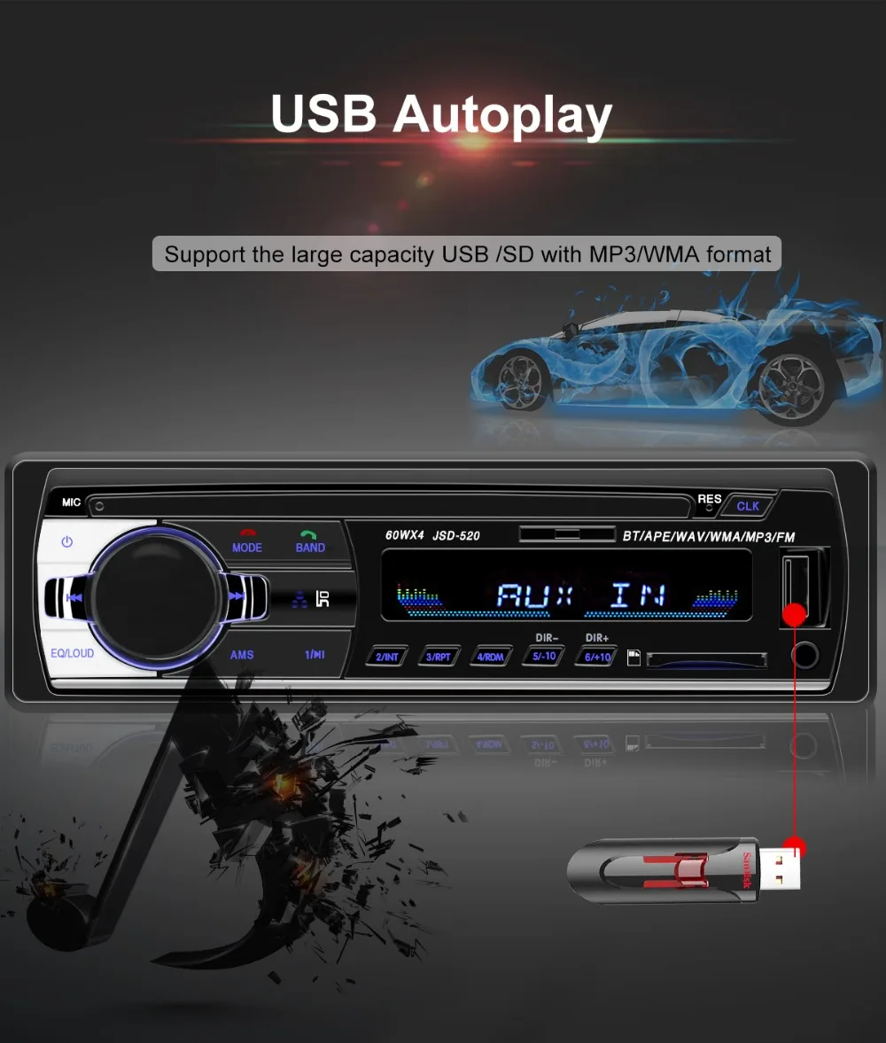 Bluetooth V2.0 Авторадио JSD-520 12 В Авто Стерео Автомагнитола 1 Din FM Aux Входной приемник автомобильный аудио SD USB MP3 MMC WMA
