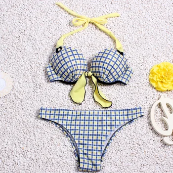 

Sexy Plaid Bikini Top And Bottom Push Up Bikini Set Women Halter Top Beach Swim Wear Biquini Set Bathing Suit Maillot De Bain
