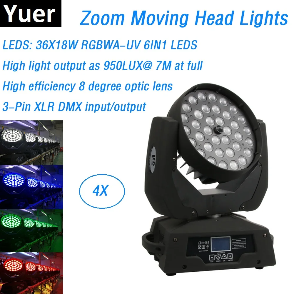 4XLot LED Zoom Light 36X18W RGBWA UV 6IN1 LED Moving Head Wash Lights ...