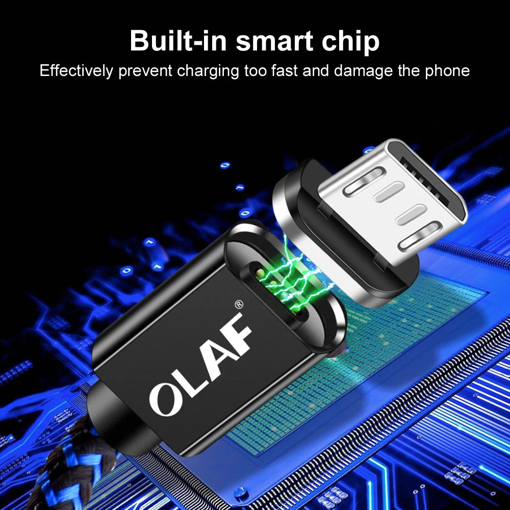 Магнитный usb-кабель Olaf Micro usb type-C, магнитный кабель для телефона, светодиодный кабель для быстрой зарядки, кабель USB C для зарядки Xiaomi iPhone