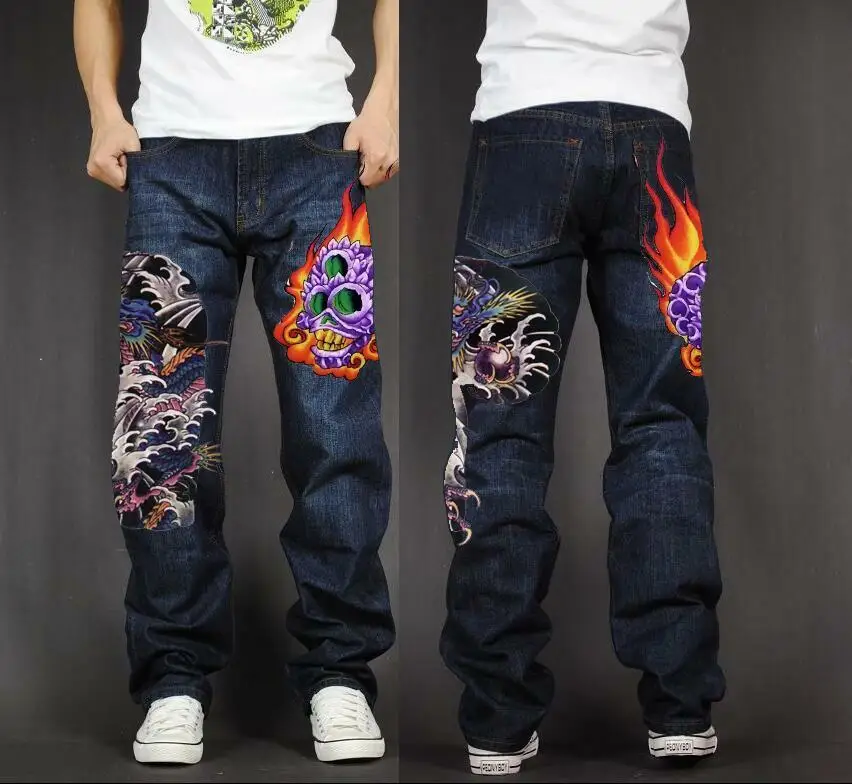 

Men's Long Pants Baggy Loose Fit Jeans Rap Hip Hop Skate Denim Print Trousers Straight Stretch Casual Trousers Skull