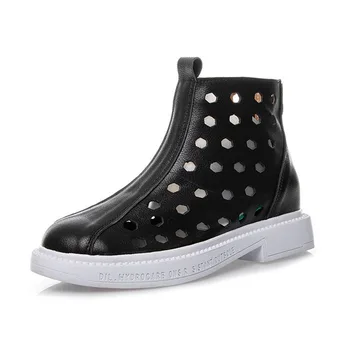 

CuddlyIIPanda 2019 Split Leather Women Summer Boots Hollowed Out Breathable Zipper Ankle Boots Height Increasing Zapatos Mujer