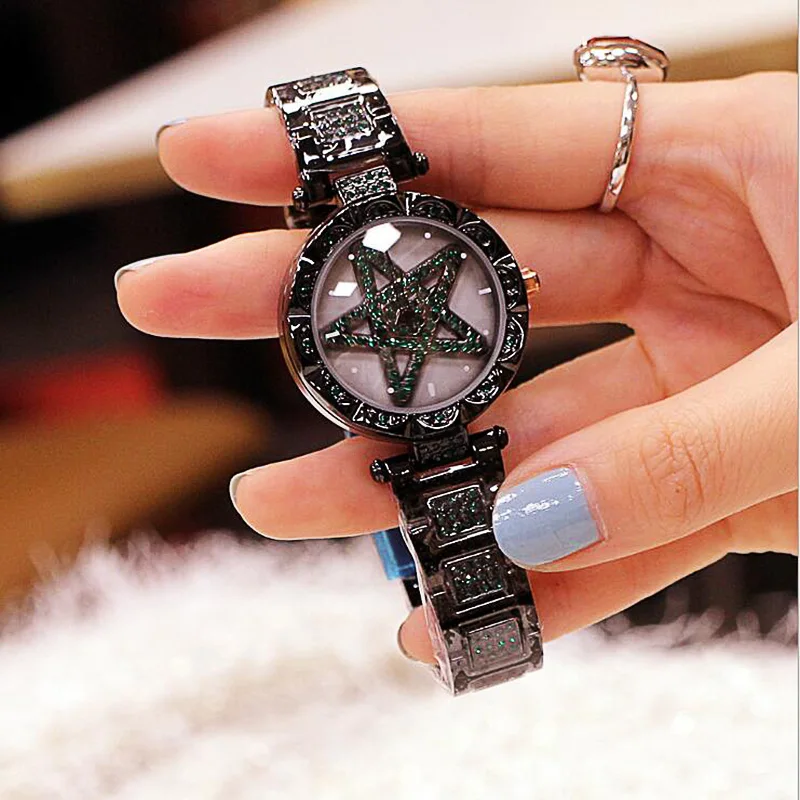 Для женщин Стразы часы леди вращения платье часы марки Циферблат Браслет для наручных часов с украшением в виде кристаллов Star часы пентаграмма Relogio Feminino - Цвет: Черный