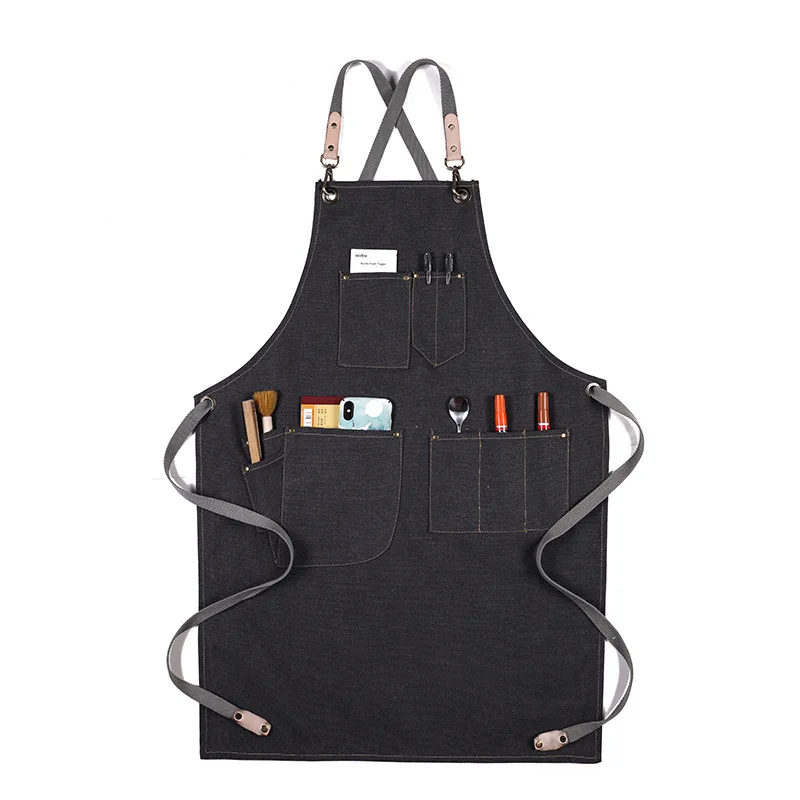 Cotton Canvas Apron Unisex Adjustable Leather Hanging Neck Hotel Restaurant Cafe Barber Shop Bakery Bar Waiter Work Pinafore - Цвет: Apron 7