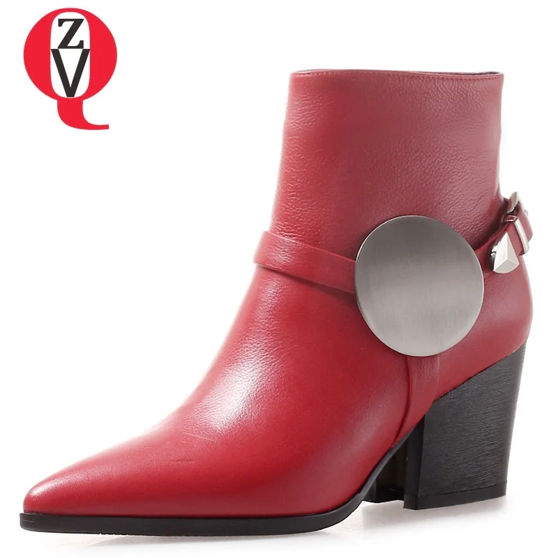 

ZVQ hot sale 2019 newest fashion high hoof heels pointed toe zip metal decoration women shoes winter genuine leather ankle boots