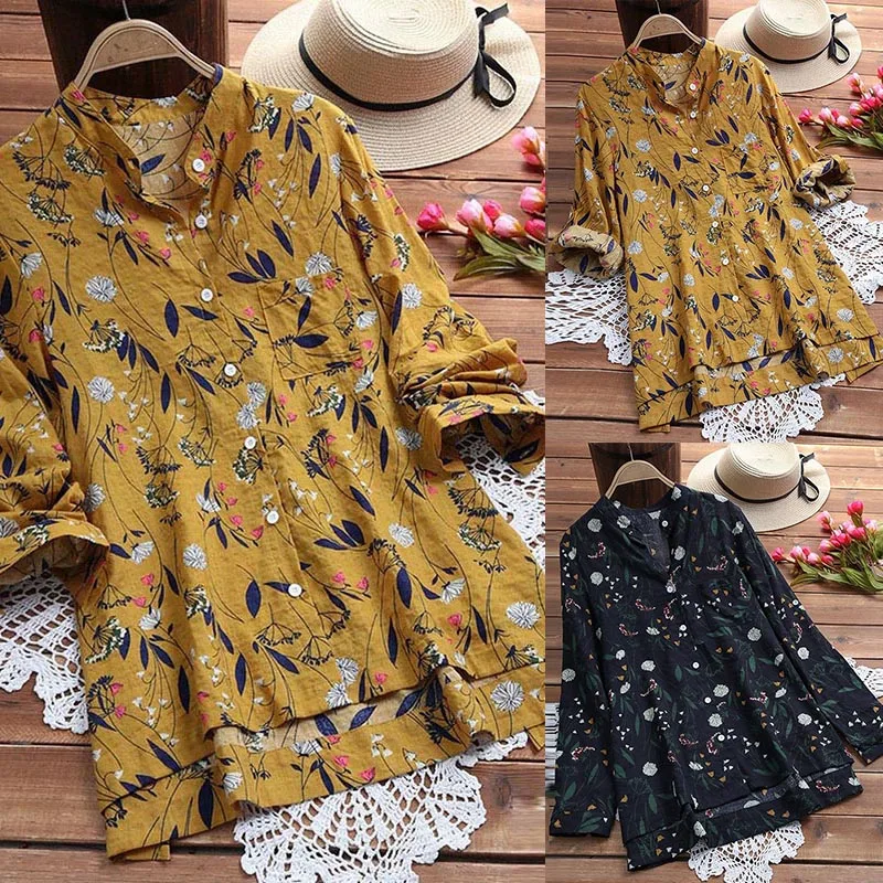 Floral Printed Blouse Tops Lady Large Size Long Sleeve Shirt Women 2018 Autumn V-Neck Medium Length Shirts Femme Literary Blusas