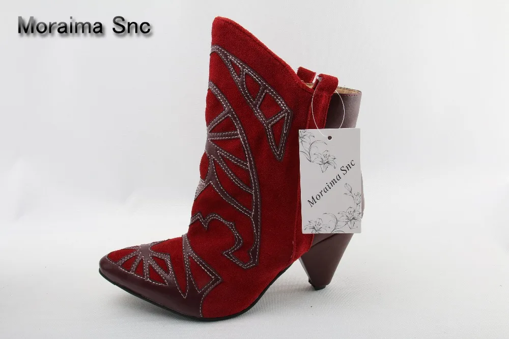 

Moraima Snc Red Leather Cone Heel Ankle Boots Pointed Toe Mixed Color Winter Embroider Short Boots Women Low Heel Dress Shoes