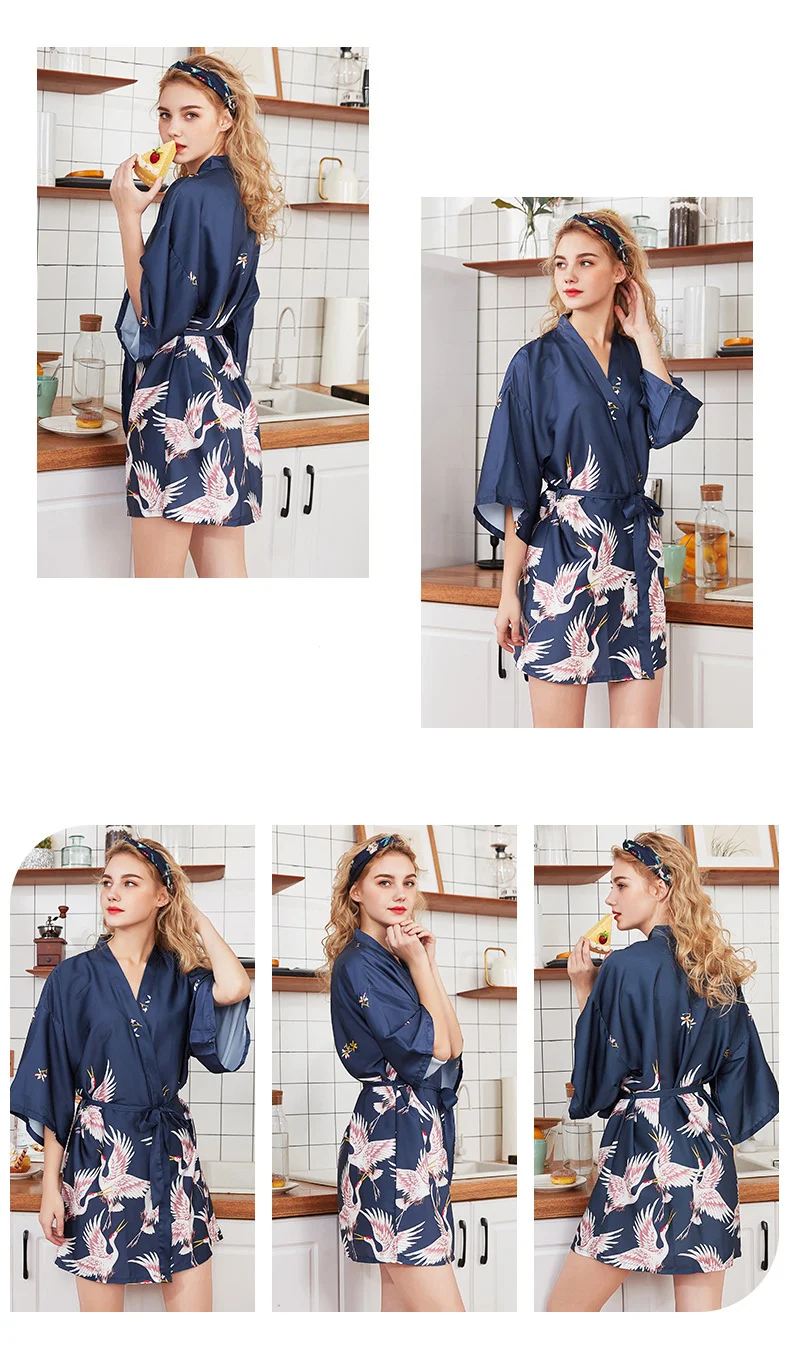 Women's Exquisite Mini Kimono Robe Blue Model Display