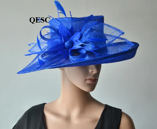 Новое большое Королевское синее Широкое Платье с полями Церкви Sinamay женские шляпы с перьями цветы для гонок, свадьбы, Кентукки Дерби, вечерние - Цвет: ROYAL BLUE