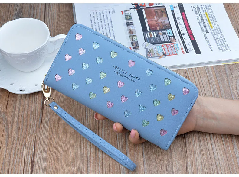 Leather women's wallet New cute Love color hollow large capacity Purses women Solid color purses Long Love zipper female wallet