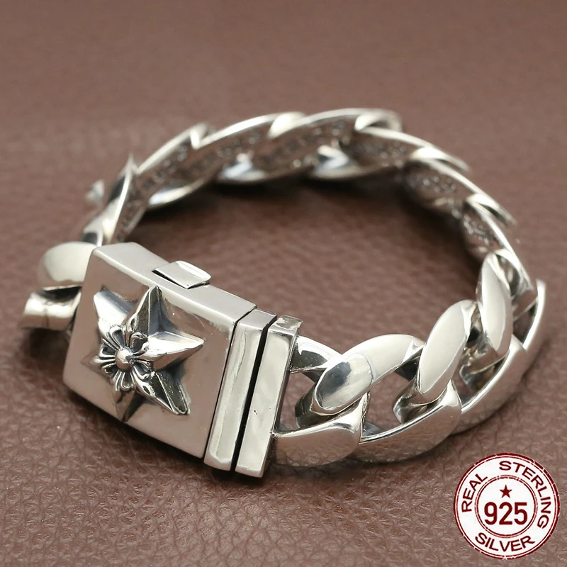 

100% S925 sterling silver bracelet personality sleek minimalist retro jewelry domineering cross six-pointed star anchor shape