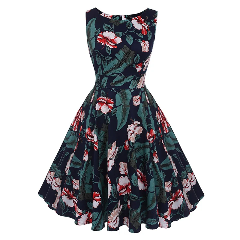Kostlish Cotton Summer Dress Women 2017 Sleeveless Tunic 50s Vintage Dress Belt Elegant Print Rockabilly Party Dresses Sundress (70)