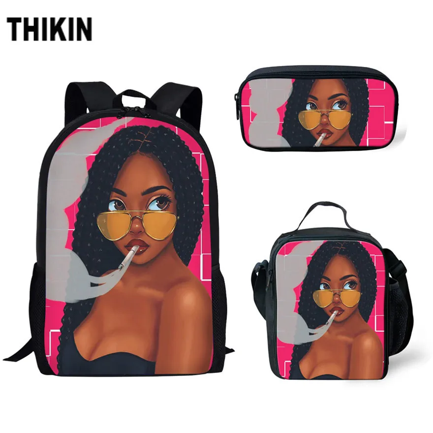 

THIKIN Black Art African Girl Printing School Bags for Girls Teenager Kids 3pcs/set Primary Book Bag Children School Backpack