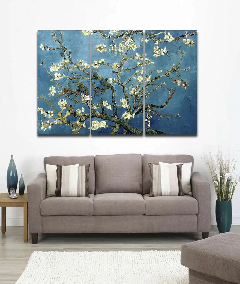 

Almond Blossoms Starry Night By Van Gogh Reproduction Painting Canvas Print Wall Art 3 Panels Home Decor Framed-Ready to Hang