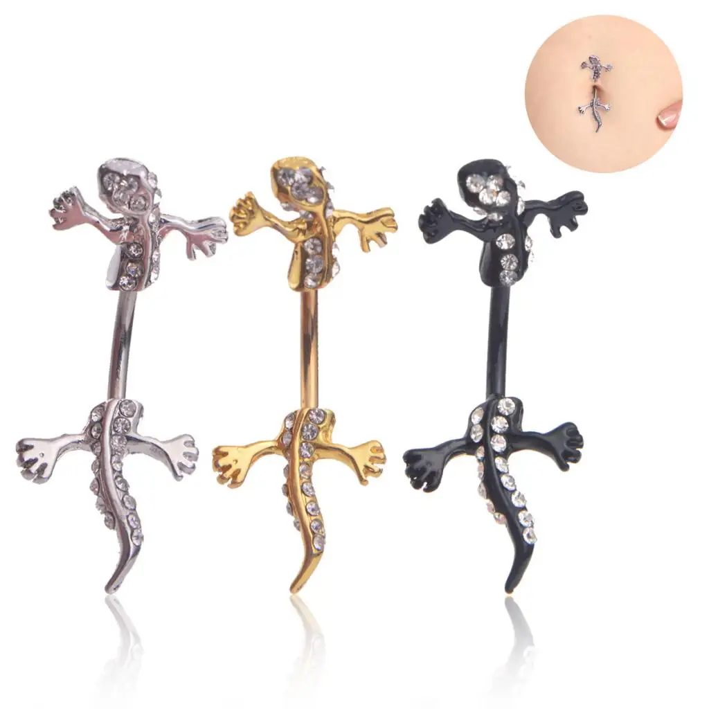 316L Stainless Steel Crystal Zircon Gecko Animal Drop Navel Belly Button Ring