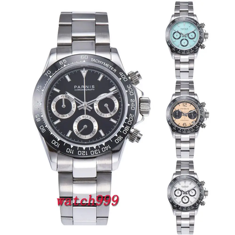 

39mm PARNIS Black dial sapphire crystal Ceramic bezel solid full Chronograph luxurious quartz mens watch clock deployment clasps