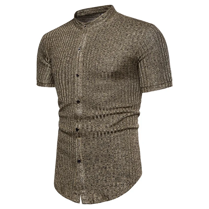 Manches À Rond gray Chemise Courtes Homme Conception Jacquard Mince Mode brown De Col Teints Black Hommes Camisa Décontractée Chemises Fils Bande vwxP7qR