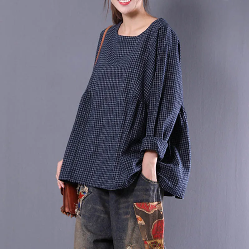 Women Soft Smooth Oversized Blouse Linen Cotton Tops Vingtage Loose Shirt Long Sleeve Plus Size Round Neck Casual Blouses Blouses