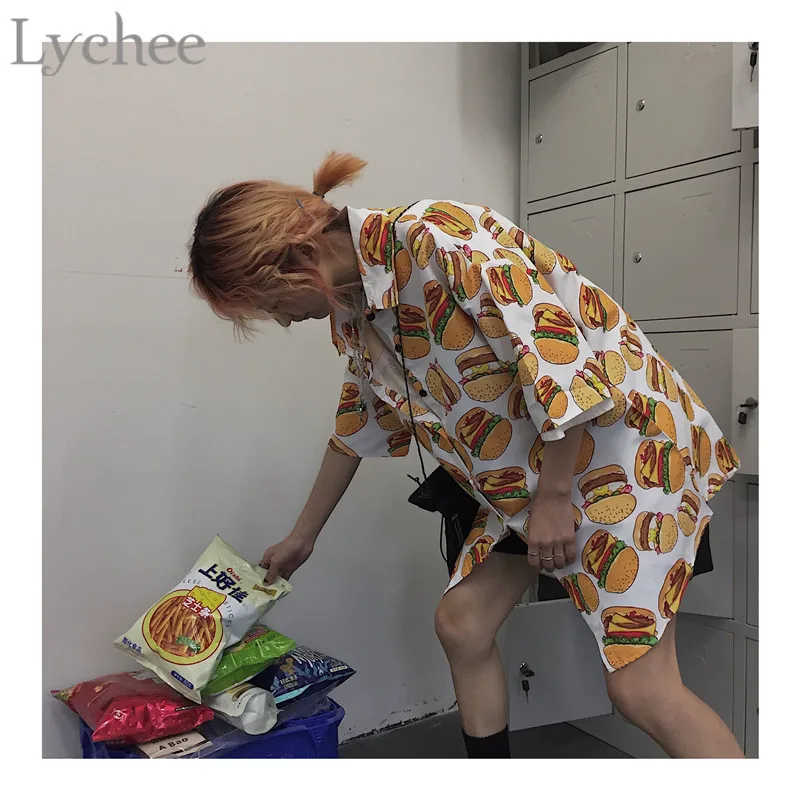 Lychee Harajuku хит цвет кактус принт женские блузки растения короткий рукав отложной воротник бургер принт Свободная Женская блузка