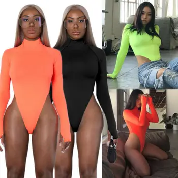 

Hot Sale Women Solid Color Long Sleeved Casual Bodysuit Ladies Stretch Leotard Body Jumpsuits 2019 Spring Turtle Neck Jumpsuits