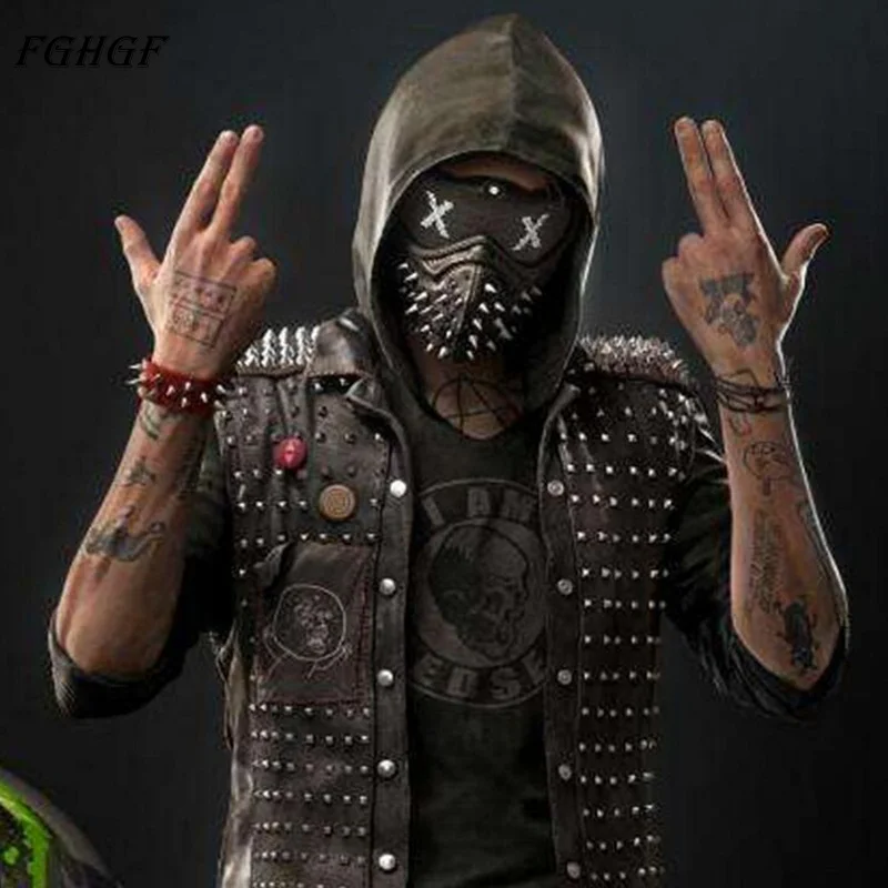 

FGHGF Game Watch Dogs 2 WD2 Mask Marcus Holloway Mask Wrench Cosplay Rivet Face Mask Half Face Latex Party Cosplay Props