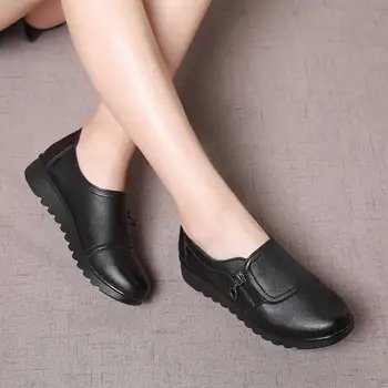 EFFGT 2018 Fashion Soft Leather Round head Women Casual Flats Ladies Side Zipper Flat Oxford Shoes New Mother single Shoes 2