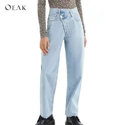 OEAK 2019 женские джинсовые со средней талией брюки повседневные Летние обтягивающие Горячие прямые джинсы женские неправильные карманы