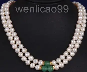 

2 ROW 9-10MM SOUTH SEA WHITE GREEN JADE MOTHER PEARL NECKLACE 14k YELLOW CLASP