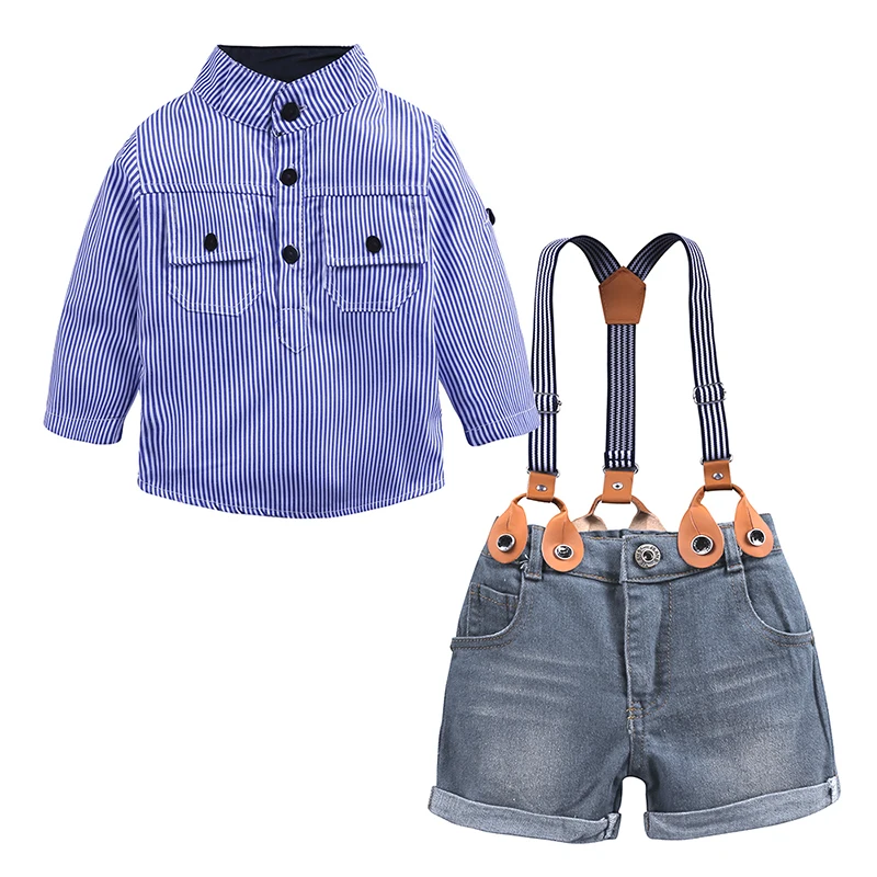 2018 summer children clothing set long sleeve blouse stripe+shorts denim with suspender 2PCS outfits kid boys gentleman suits