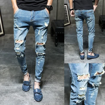 

2019 spring new men's hole nine points jeans Korean version of the trend of self-cultivation feet pants wild pants men