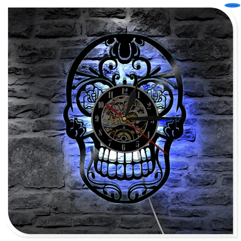 

LED Lighting Tattoo Salon Creative CD Vinyl Record 3D Skull Wall Clock Classic Art Handmade Home Decor Clock