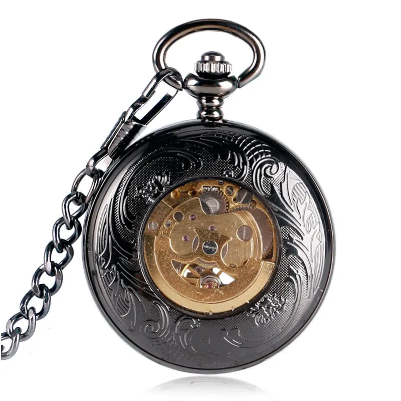 Механические карманные часы ретро римские цифры резьба автоматические черные полые роскошные женские цепи стимпанк изысканный подарок на день рождения