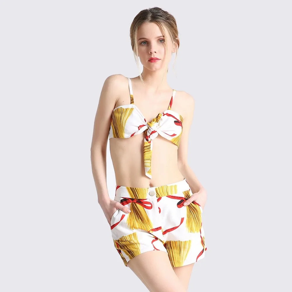 Women Summer 2 Piece Set Sexy Bikini Crop top Shorts Chiffon Floral Print Hot Pants Strap Top Casual Beach Holiday Suit | Женская одежда