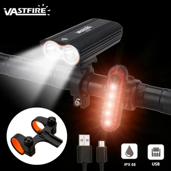

Waterproof USB Rechargeable Bike Headlight 2*T6 LED Bicycle Light 4 Modes Built-in Battery Cycling Torch with Rear Lamp