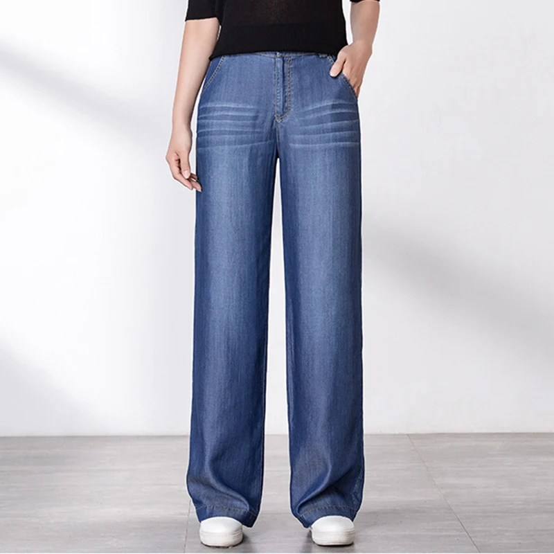 

2019 Summer new casual Tian silk jeans women big yards straight tube high waist wide leg trousers blue female jeans