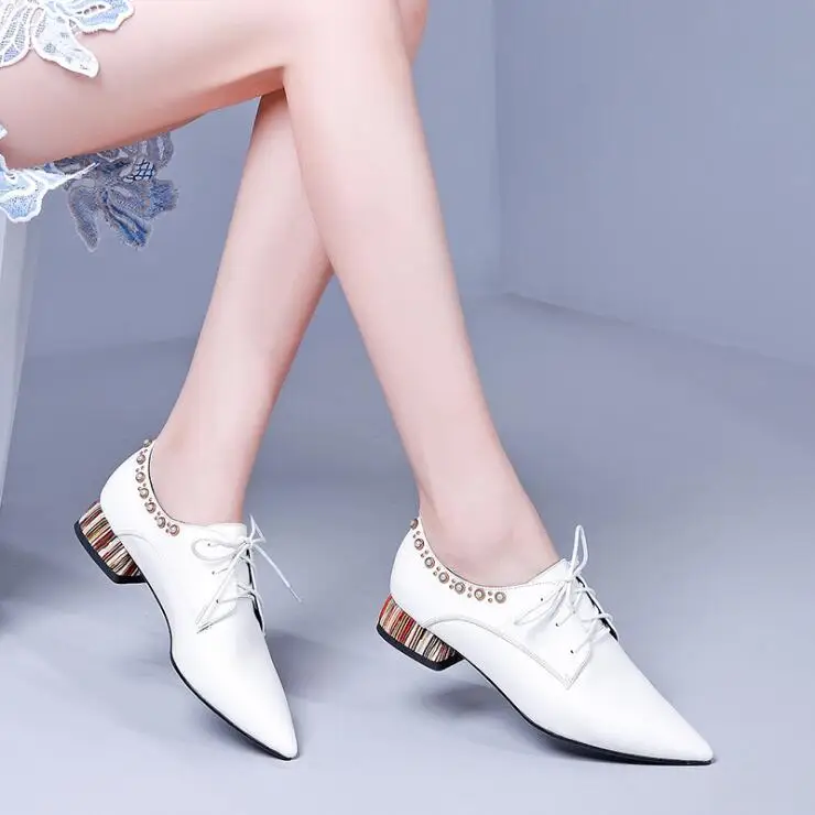 

Autumn European and American women vintage cow leather with Pearl rivet beading pumps female lace up bow tie chunky heel shoes