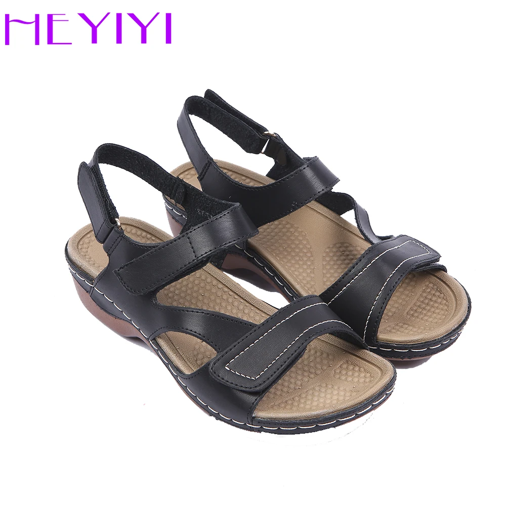

HEYIYI Brand Women Sandals Gladiator Casual Summer Square Heel Hook&loop Ankle Strap Platform Soft PU Light-weight Women shoes