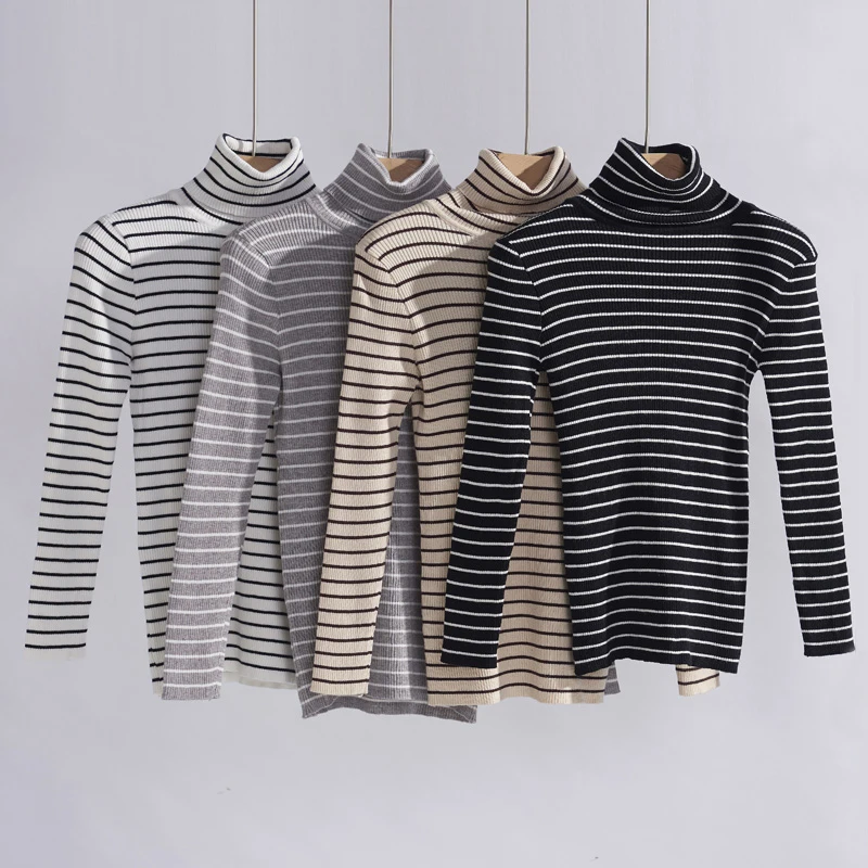 

2019 Striped Turtleneck Warm Women Sweater Autumn Winter Knitted Femme Pull High Elasticity Soft Female Pullovers Sweater