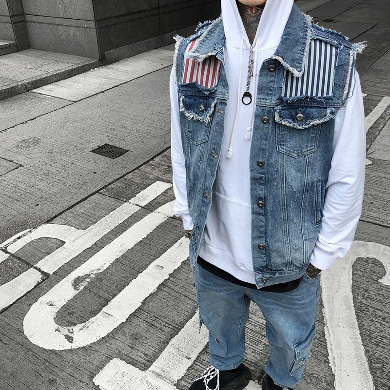 Dark Icon Ripped Patchwork Men's Vest New Fashion Denim Vest Hip Hop Vest Men Streetwear Clothing
