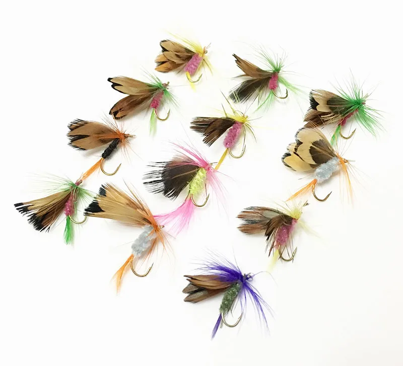 12 pcs Various Dry Fly Fishing bait Trout Salmon Flies Fish Hook Lures  Butterfly Insects Style Salmon Flies Trout Single Fishing