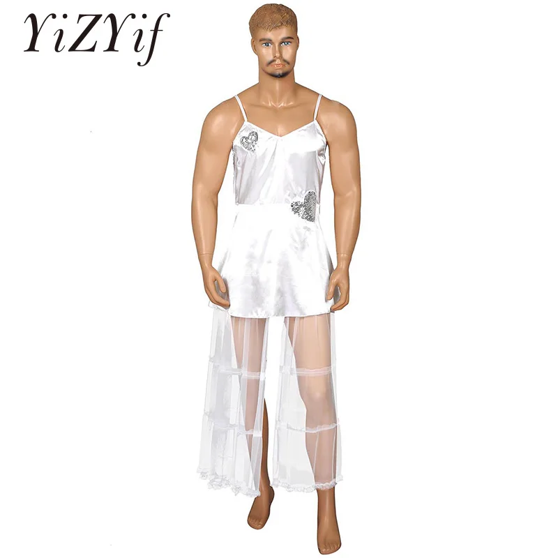 

Men Sissy Satin Dress Fancy Dress Adjustable Spaghetti Shoulder Straps with Detached Side Tulle Dress Bride Wedding Costume