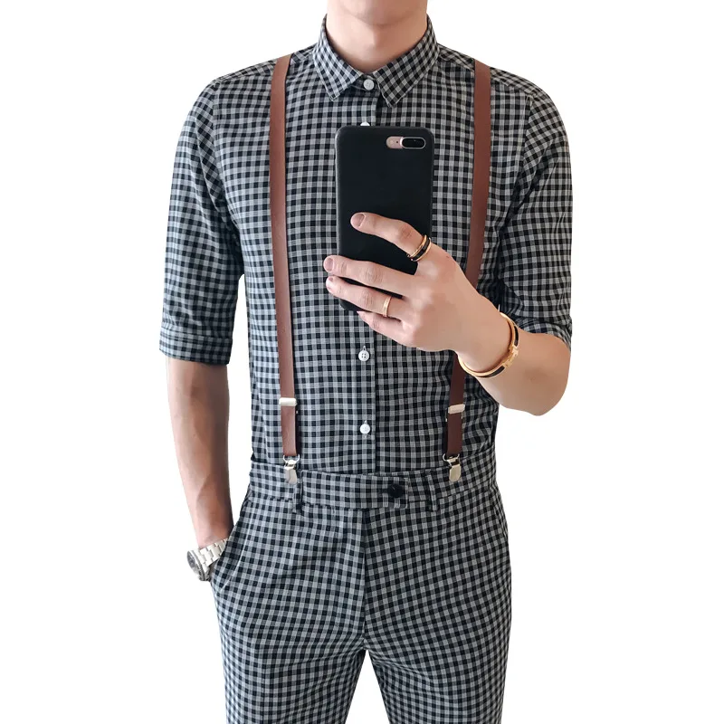 

2018 Summer Suit Set Swallow Check Summer Shirt And Pant Slim Fit Men Classic Vintage Shirt Ankle Length Pant suit set