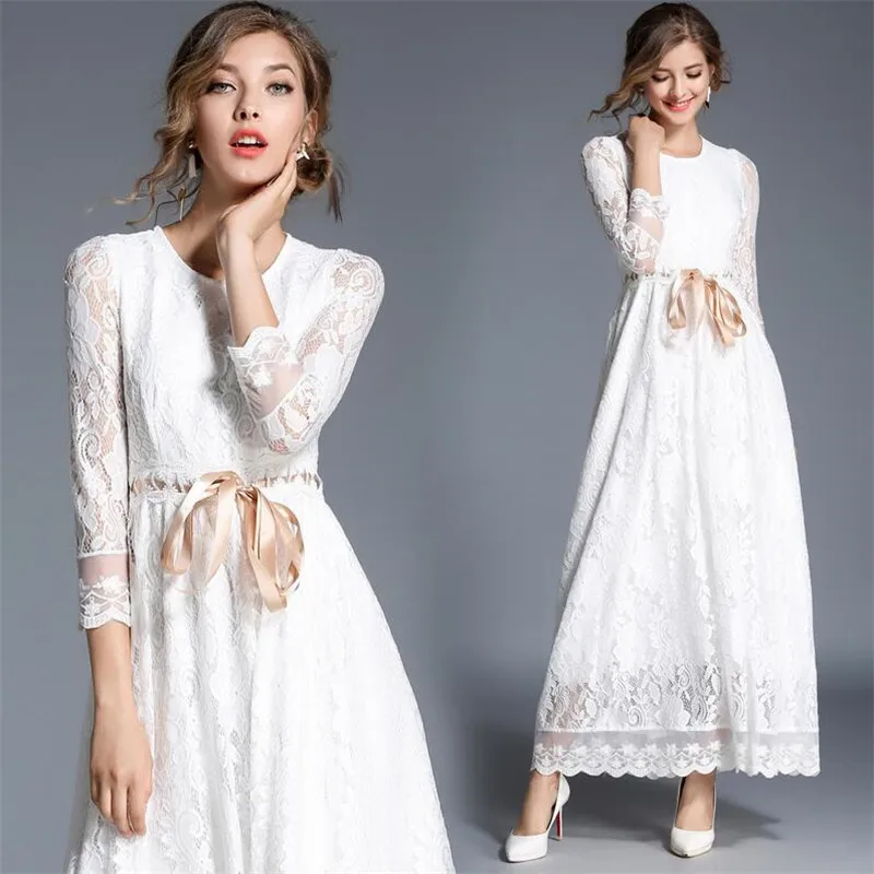 Autumn Spring 2019 New Long White Lace Dress Women Party Elegant Floral